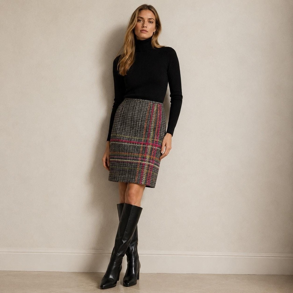 Kay Unger Tweed Pencil Skirt Womens 12 Black White Texture Plaid Classic Office